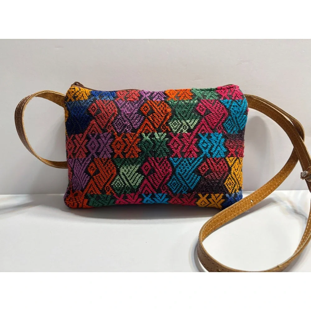 Founders Imports Crossbody Bag Small Multi Color Woven Boho Leather Strap PomPom